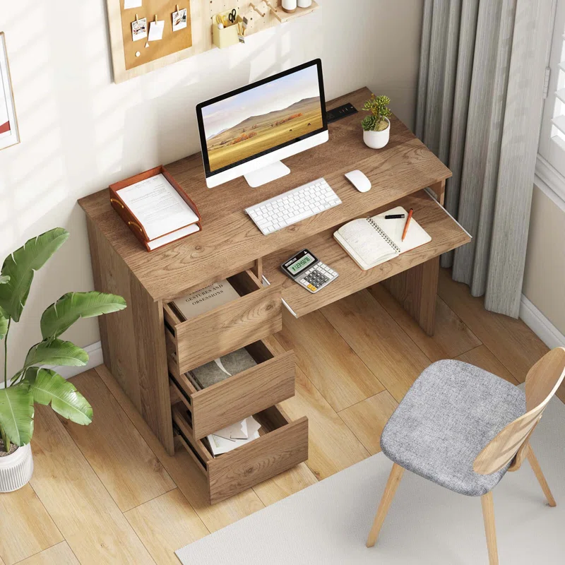 Desk with Drawers, Modern Computer Desk with Charging Station & Keyboard Tray, Laptop PC Computer Workstation, Study Writing Desk for Bedroom